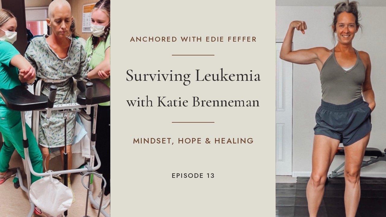 Katie Brenneman during treatment and today, flexing after rebuilding her strength
